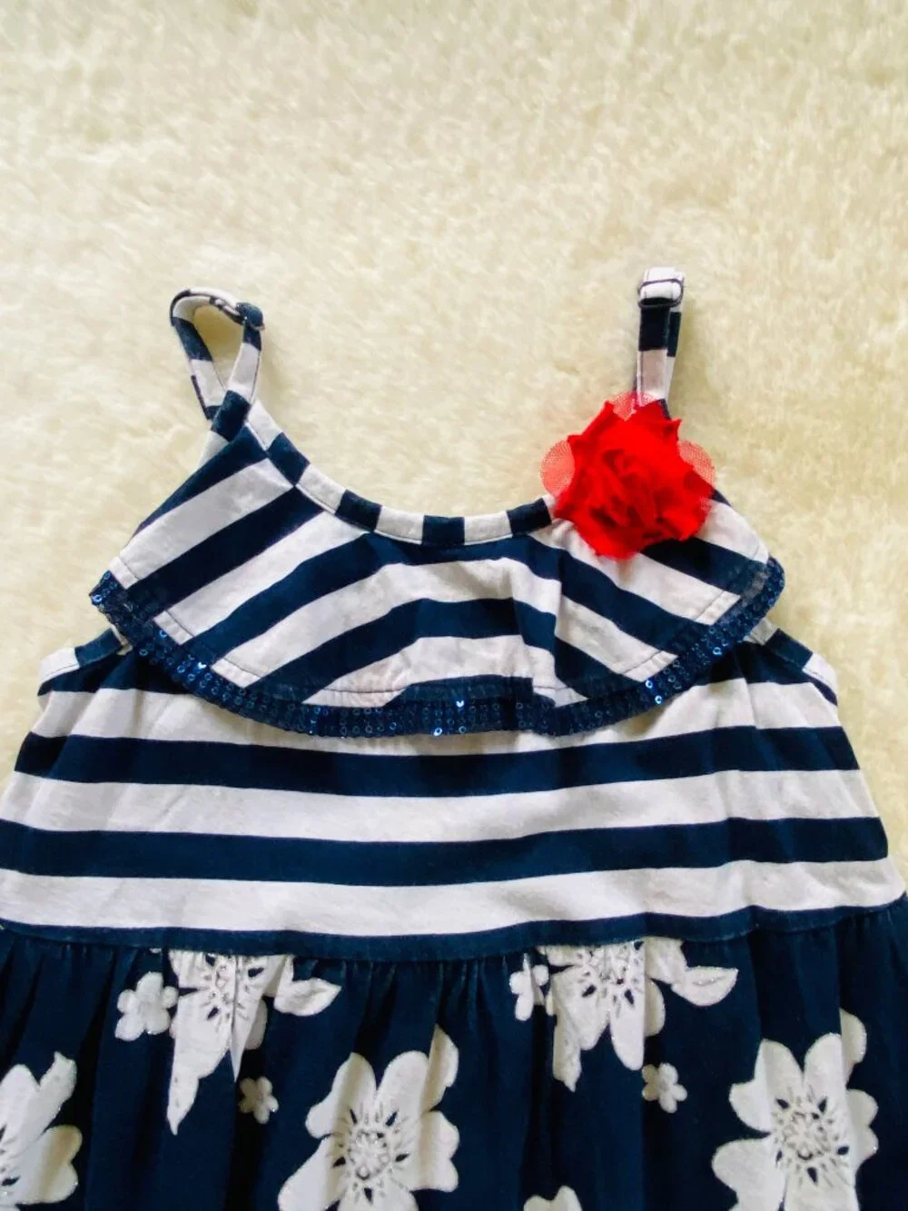 Justice Girl’s Size 10 Navy and White Floral dress with Red Floral Pin